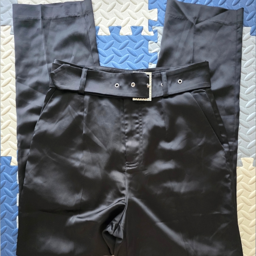 Forever 21 Black Women's Satin‎ Trousers with Rhinestone Belt Relaxed Fit